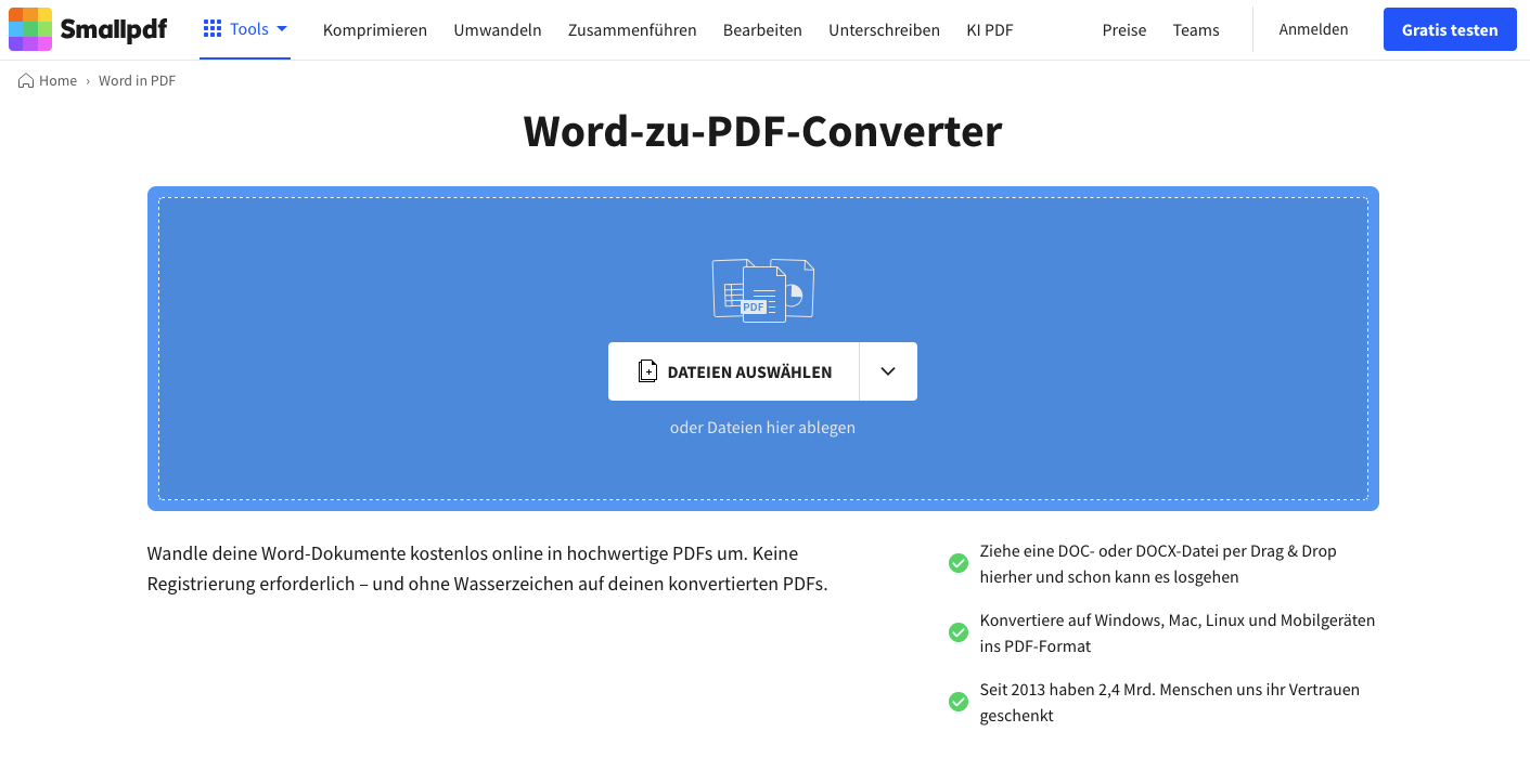 Smallpdf um Word-Dokument in PDF zu verwandeln
