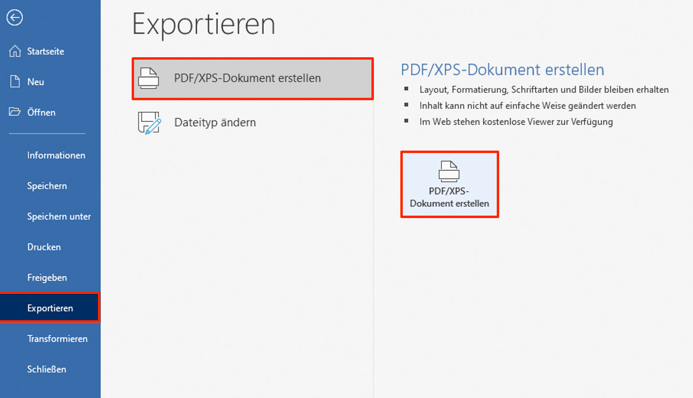 Word-Datei in PDF zu exportieren