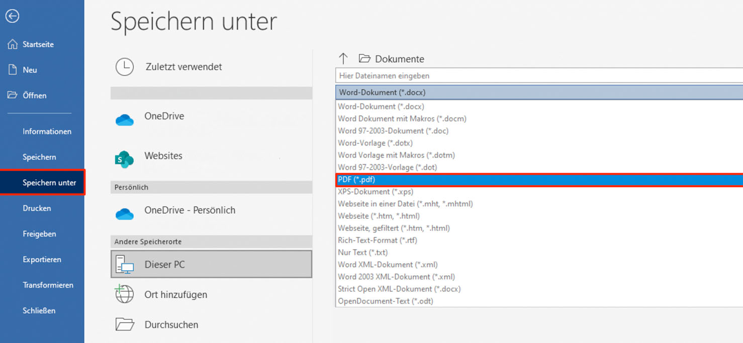 Word-Datei in PDF zu speichern
